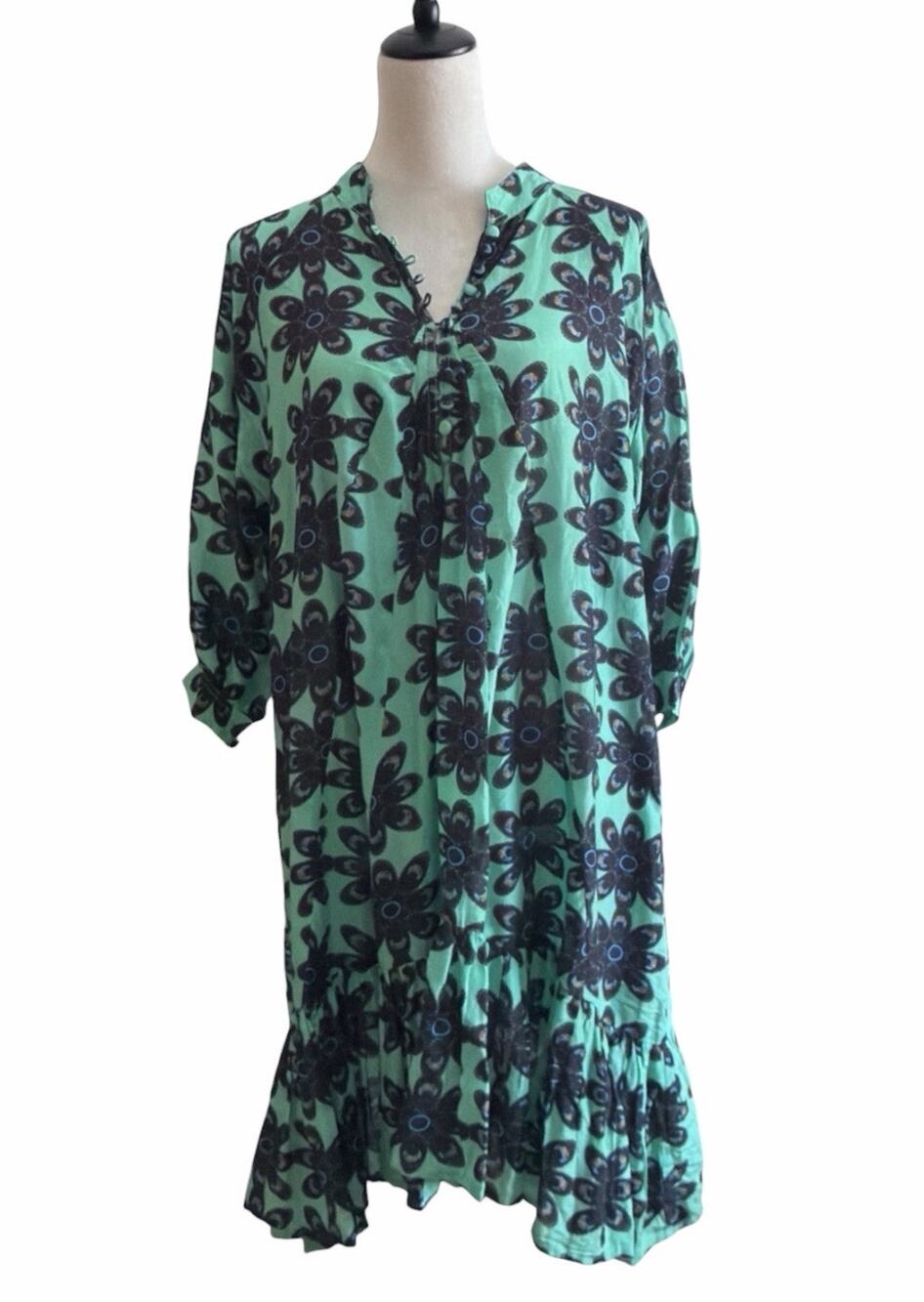 Myrah Penaloza 100% Silk Floral Print Tiered Dress OS Green Black Resortwear